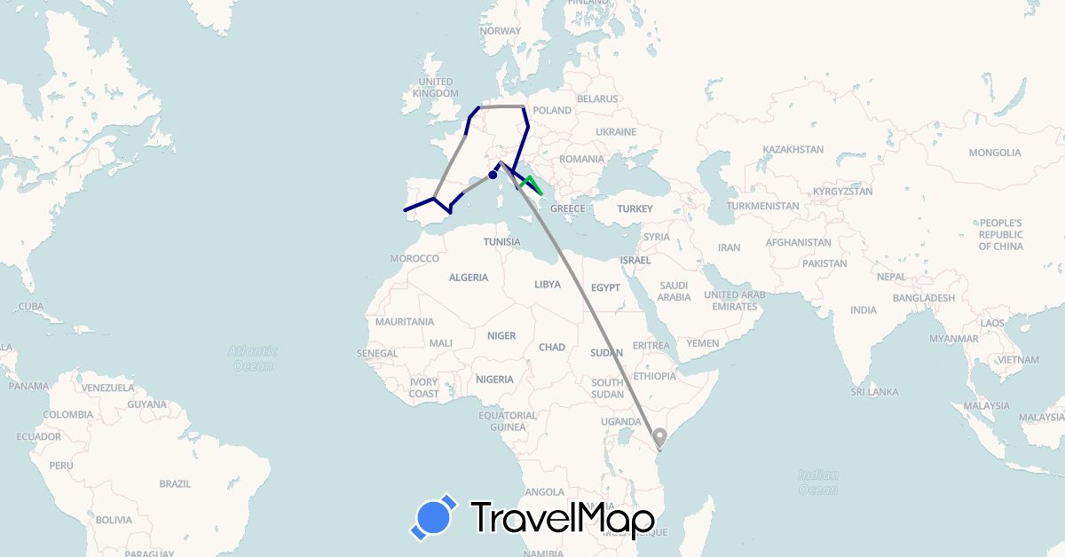 TravelMap itinerary: driving, bus, plane in Belgium, Czech Republic, Germany, Spain, France, Italy, Kenya, Netherlands, Portugal (Africa, Europe)